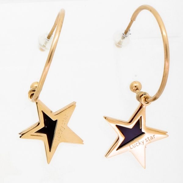 JEWELRY - EARRINGS - STAINLESS STEEL - RING 01 WITH PENDANT STAR LUCKY STAR - 1.6x4cm ROSE GOLD AND BLACK - PACKAGE 6 pairs