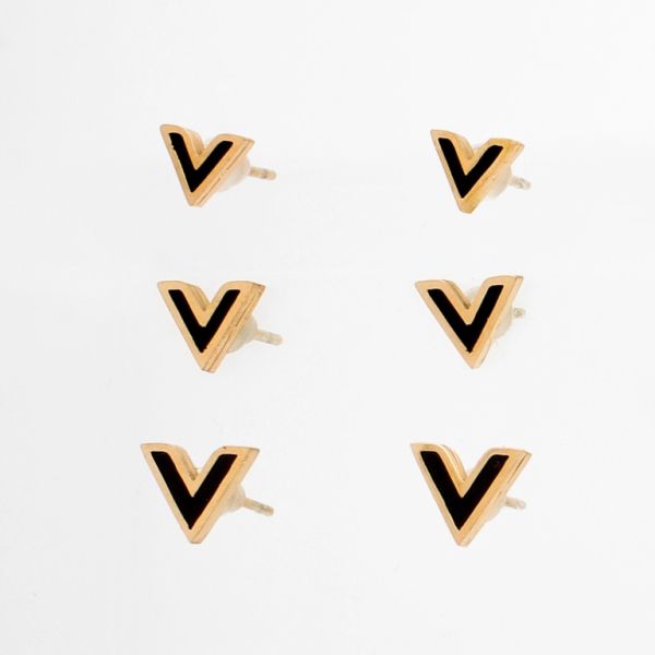 JEWELRY - EARRINGS - SCREW - STAINLESS STEEL - LETTER V Е716 - 0.8x0.7cm ROSE GOLD AND BLACK - PACKAGE 6x3 pairs