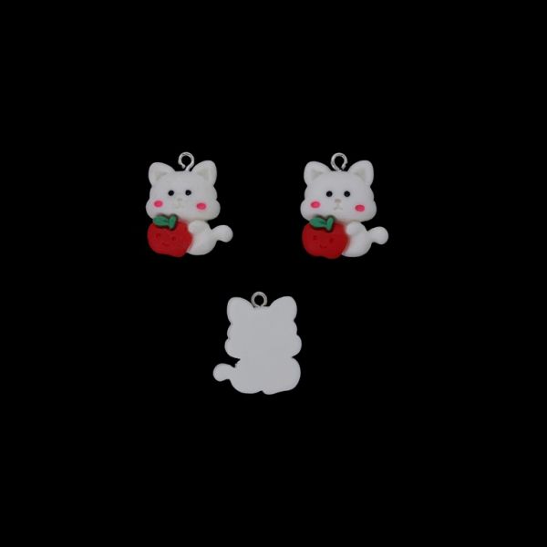 PLASTIC BEADS - RESIN 3D - PENDANT - CAT 07 WITH APPLE - 20x23x7mm WHITE-RED-GREEN - 2pcs. Hole-1.8mm 