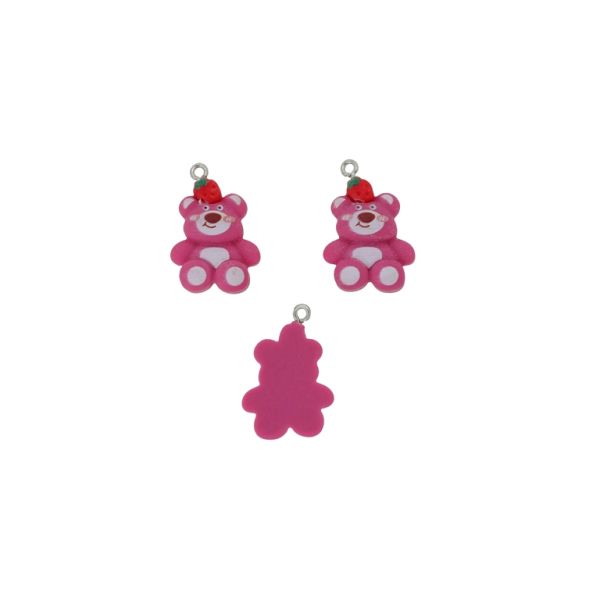 PLASTIC BEADS - RESIN 3D - PENDANT - BEAR 41 WITH STRAWBERRY - 18x27x6mm PINK (DARK)-WHITE-RED - 2pcs. Hole-1.8mm