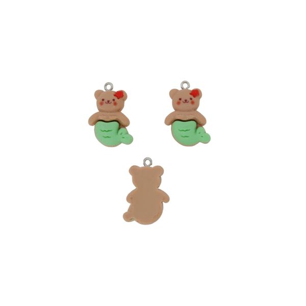 PLASTIC BEADS - RESIN 3D - PENDANT - BEAR 42 MERMAID - 19x27x7mm BROWN (LIGHT)-GREEN (LIGHT)-RED - PACKAGE 20pcs. Hole-1.8mm 