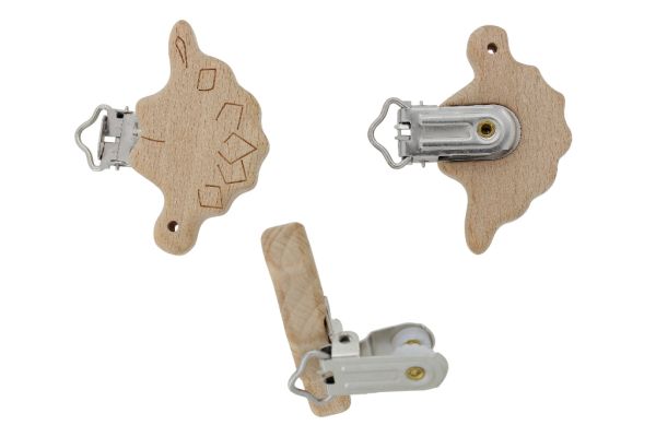 METAL ELEMENTS - ROUND SHAPE PACIFIER CLIPS - BEECH - DINOSAUR 01 - 55x32x10mm - NATURAL - 1pc.