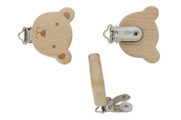 METAL ELEMENTS - ROUND SHAPE PACIFIER CLIPS - BEECH - BEAR 02 - 50x35x10mm - NATURAL - 1pc.
