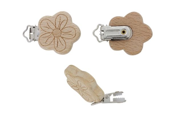 METAL ELEMENTS - ROUND SHAPE PACIFIER CLIPS - BEECH - FLOWER 02 - 39x39x10mm - NATURAL - PACKAGE 6pcs.