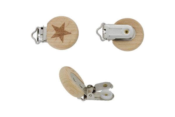 METAL ELEMENTS - ROUND SHAPE PACIFIER CLIPS - CIRCLE 30mm - BEECH - STAR 01 - NATURAL - PACKAGE 10pcs.