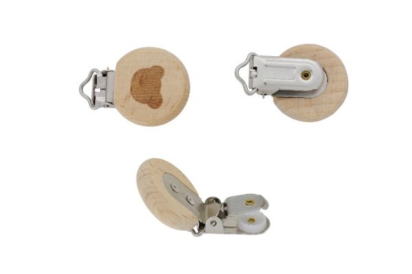 METAL ELEMENTS - ROUND SHAPE PACIFIER CLIPS - CIRCLE 30mm - BEECH - BEAR 01 - NATURAL - 1pc.