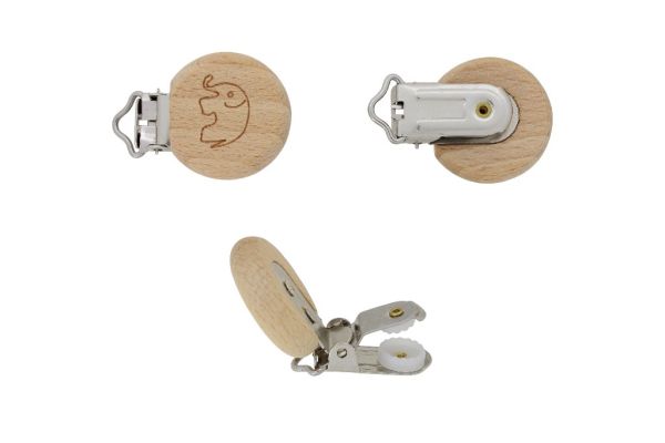 METAL ELEMENTS - ROUND SHAPE PACIFIER CLIPS - CIRCLE 30mm - BEECH - ELEPHANT 01 - NATURAL - PACKAGE 10pcs.