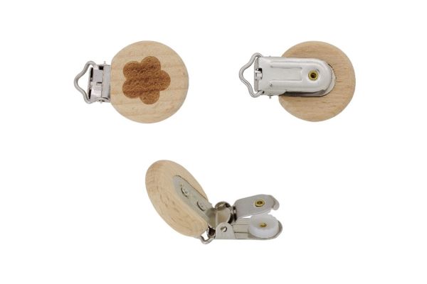 METAL ELEMENTS - ROUND SHAPE PACIFIER CLIPS - CIRCLE 30mm - BEECH - FLOWER 01 - NATURAL - PACKAGE 10pcs.