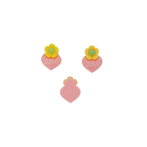 PLASTIC BEADS - RESIN 3D - FOR GLUING - HEART 22 FLOWER - 17x22x6mm PINK (LIGHT)-YELLOW-GREEN (LIGHT) - PACKAGE 30pcs.