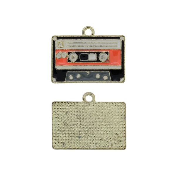 METAL BEADS WITH ENAMEL - PENDANT - AUDIO CASSETTE 01 - 23x18x1.4mm GOLD-ORANGE-BLACK - PACKAGE 30pcs. Hole-2.0mm