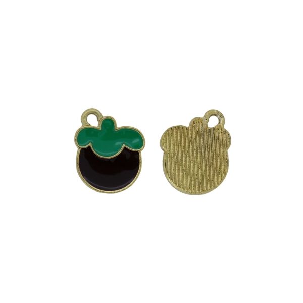 METAL BEADS WITH ENAMEL - PENDANT - MANGOSTEEN 01 - 13x16x1.5mm GOLD-GREEN-BLACK - 5pcs. Hole-1.5mm