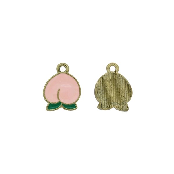 METAL BEADS WITH ENAMEL - PENDANT - PEACH 01 - 12x15x1.7mm GOLD-PINK (LIGHT)-GREEN - 5pcs. Hole-1.5mm