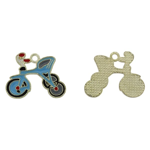 METAL BEADS WITH ENAMEL - PENDANT - TRICYCLE 01 - 23x18x1.6mm GOLD-BLUE (LIGHT)-BLACK - 3pcs. Hole-2.0mm
