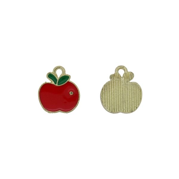METAL BEADS WITH ENAMEL - PENDANT - APPLE 05 - 13x14x1.7mm GOLD-RED-GREEN - 5pcs. Hole-1.8mm