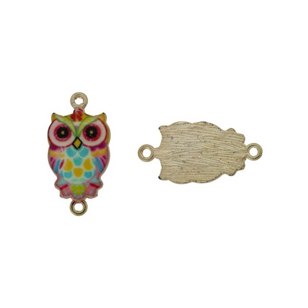 METAL BEADS WITH ENAMEL - CONNECTING ELEMENT WITH 2 RINGS - OWL 10 - 26x13x2mm GOLD AND MIX - 3pcs. Hole-1.5mm