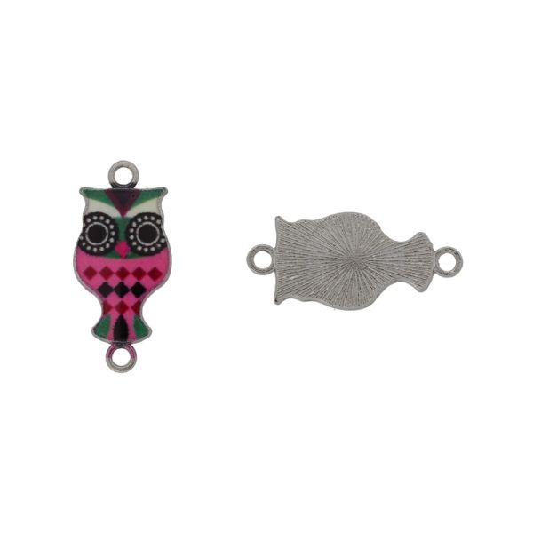 METAL BEADS WITH ENAMEL - CONNECTING ELEMENT WITH 2 RINGS - OWL 11 - 26x12x2mm NICKEL AND MIX - 3pcs. Hole-2.0mm