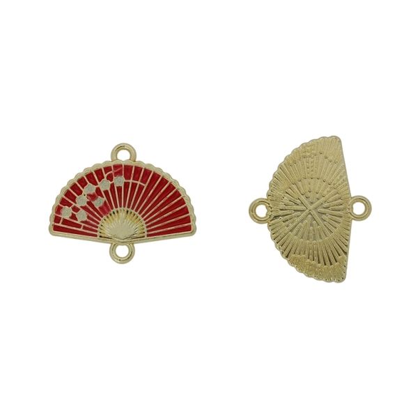 METAL BEADS WITH ENAMEL - CONNECTING ELEMENT WITH 2 RINGS - FAN WITH FLOWERS 02 - 19x23x1.5mm GOLD-RED-WHITE - 3pcs. Hole-1.8mm