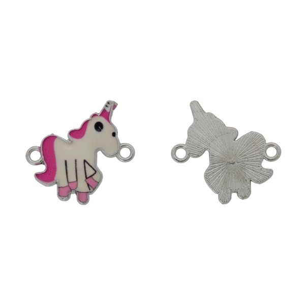 METAL BEADS WITH ENAMEL - CONNECTING ELEMENT WITH 2 RINGS - UNICORN 05 - 23x23x2mm NICKEL-ECRU (LIGHT)-PINK (DARK) - PACKAGE 30pcs. Hole-2.0mm