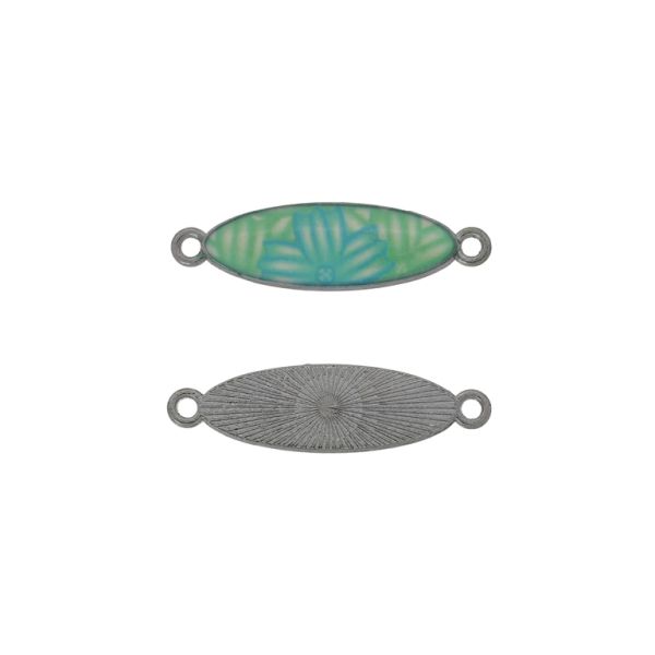 METAL BEADS WITH ENAMEL - CONNECTING ELEMENT WITH 2 RINGS - ELLIPSE 02 FLOWER - 32x9x2mm NICKEL-GREEN (LIGHT)-BLUE (LIGHT) - 3pcs. Hole-1.8mm