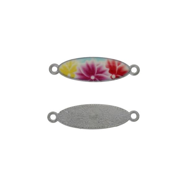 METAL BEADS WITH ENAMEL - CONNECTING ELEMENT WITH 2 RINGS - ELLIPSE 03 FLOWER - 32x9x2mm NICKEL AND MIX - 3pcs. Hole-1.8mm