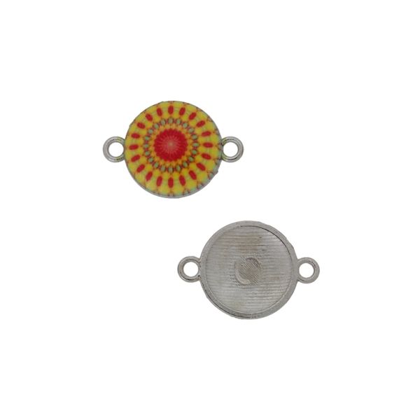 METAL BEADS WITH ENAMEL - CONNECTING ELEMENT WITH 2 RINGS - CIRCLE WITH FLOWER 02 - 22x15x3mm NICKEL-YELLOW-RED - PACKAGE 30pcs. Hole-1.8mm