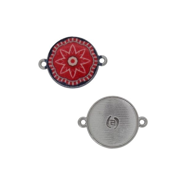 METAL BEADS WITH ENAMEL - CONNECTING ELEMENT WITH 2 RINGS - CIRCLE WITH FLOWER 03 - 24x18x3mm NICKEL-RED-BLACK - 3pcs. Hole-1.5mm