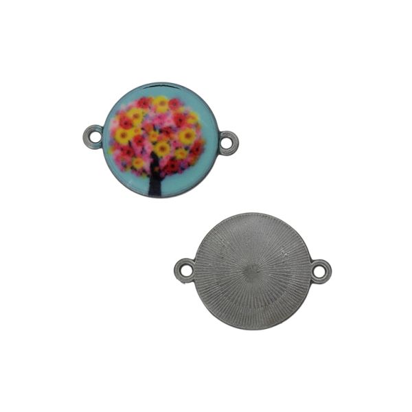 METAL BEADS WITH ENAMEL - CONNECTING ELEMENT WITH 2 RINGS - CIRCLE WITH FLOWERS 01 - 24x18x3mm NICKEL AND MIX - PACKAGE 30pcs. Hole-1.5mm