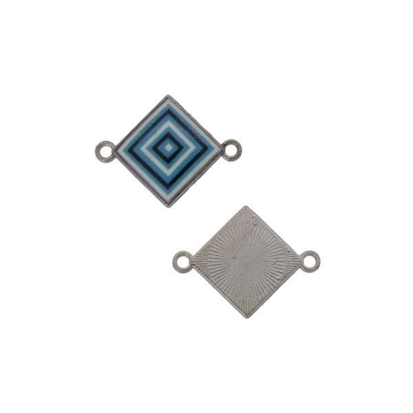 METAL BEADS WITH ENAMEL - CONNECTING ELEMENT WITH 2 RINGS - RHOMBUS 02 - 23x18x2.5mm NICKEL-TURQUOISE-WHITE - 3pcs. Hole-1.8mm