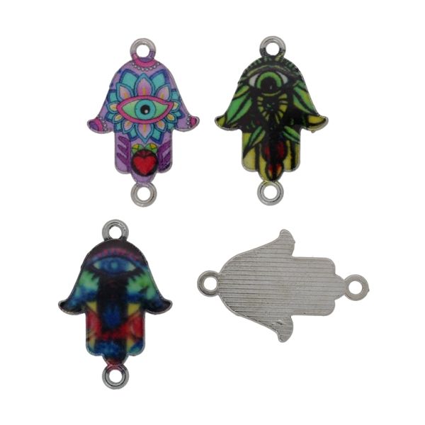 METAL BEADS WITH ENAMEL - CONNECTING ELEMENT WITH 2 RINGS - THE HAND OF FATIMA MIX 01 - 26x17x1.7mm MIX - 3pcs. Hole-1.8mm