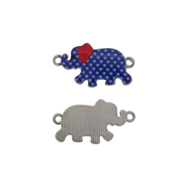 METAL BEADS WITH ENAMEL - CONNECTING ELEMENT WITH 2 RINGS - ELEPHANT 12 - 28x15x2mm NICKEL-BLUE (DARK)-RED - 3pcs. Hole-1.8mm