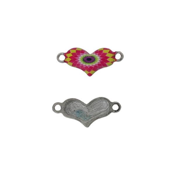 METAL BEADS WITH ENAMEL - CONNECTING ELEMENT WITH 2 RINGS - HEART 28 - 25x11x3mm NICKEL-CYCLAMEN-YELLOW - 3pcs. Hole-2.0mm