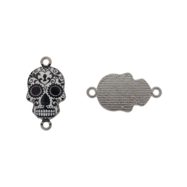 METAL BEADS WITH ENAMEL - CONNECTING ELEMENT WITH 2 RINGS - SKULL 10 - 26x14x1.7mm NICKEL-BLACK-WHITE - 3pcs. Hole-1.8mm