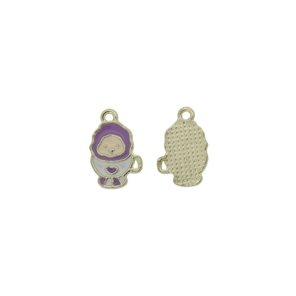 METAL BEADS WITH ENAMEL - PENDANT - BEAR 21 CUP - 11x17x1.5mm GOLD-PURPLE (LIGHT)-WHITE - PACKAGE 30pcs. Hole-1.5mm