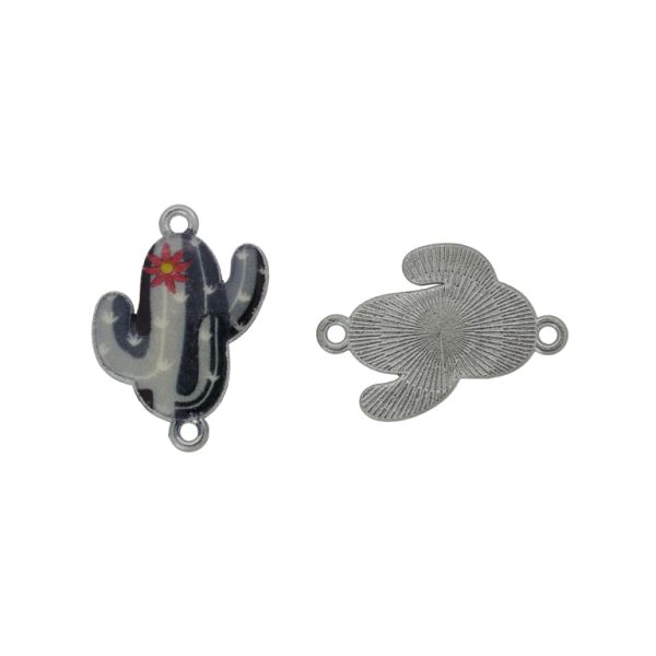 METAL BEADS WITH ENAMEL - CONNECTING ELEMENT WITH 2 RINGS - CACTUS 01 - 24x18x2mm NICKEL-GRAY-BLACK - PACKAGE 30pcs. Hole-1.5mm