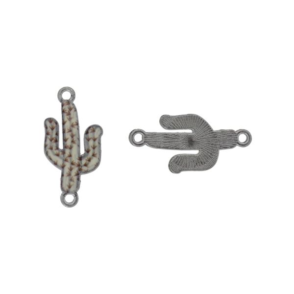 METAL BEADS WITH ENAMEL - CONNECTING ELEMENT WITH 2 RINGS - CACTUS 02 - 27x13x2mm NICKEL-ECRU-BROWN - 3pcs. Hole-1.5mm