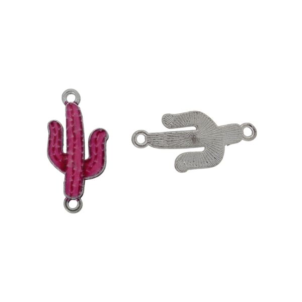 METAL BEADS WITH ENAMEL - CONNECTING ELEMENT WITH 2 RINGS - CACTUS 02 - 27x13x2mm NICKEL-PINK (DARK)-CYCLAMEN - 3pcs. Hole-1.5mm