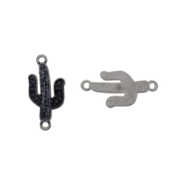 METAL BEADS WITH ENAMEL - CONNECTING ELEMENT WITH 2 RINGS - CACTUS 02 - 27x13x2mm NICKEL-GRAY (DARK)-BLACK - 3pcs. Hole-1.5mm