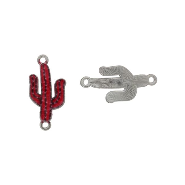 METAL BEADS WITH ENAMEL - CONNECTING ELEMENT WITH 2 RINGS - CACTUS 02 - 27x13x2mm NICKEL-RED-BLACK - PACKAGE 30pcs. Hole-1.5mm