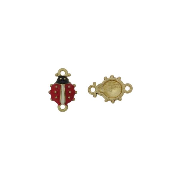 METAL BEADS WITH ENAMEL - CONNECTING ELEMENT WITH 2 RINGS - LADYBUG 06 - 16x10x3mm GOLD-RED-BLACK - PACKAGE 40pcs. Hole-1.5mm