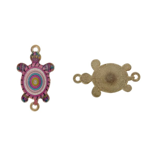 METAL BEADS WITH ENAMEL - CONNECTING ELEMENT WITH 2 RINGS - TURTLE 03 - 27x16x2mm GOLD-PINK-PINK (LIGHT)-BLUE (LIGHT) - 3pcs. Hole-1.8mm