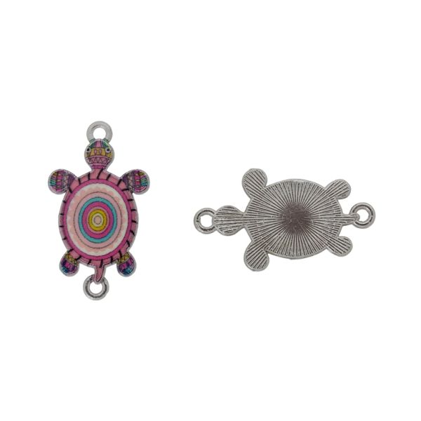 METAL BEADS WITH ENAMEL - CONNECTING ELEMENT WITH 2 RINGS - TURTLE 03 - 27x16x2mm NICKEL-PINK-PINK (LIGHT) - 3pcs. Hole-1.8mm