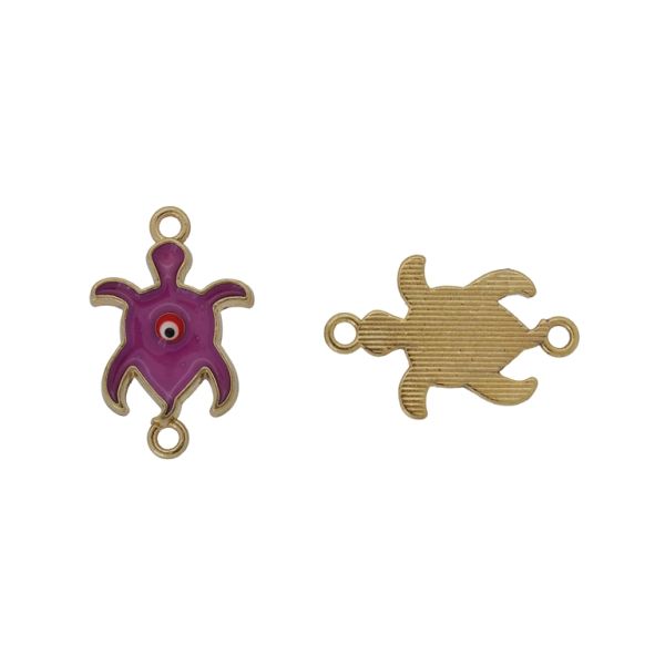 METAL BEADS WITH ENAMEL - CONNECTING ELEMENT WITH 2 RINGS - TURTLE 04 - 24x16x3mm GOLD-PURPLE-RED - 3pcs. Hole-2.0mm