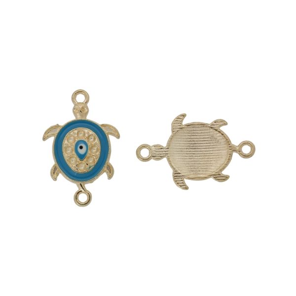 METAL BEADS WITH ENAMEL - CONNECTING ELEMENT WITH 2 RINGS - TURTLE 05 - 26x17x3mm GOLD-TURQUOISE-WHITE - 3pcs. Hole-1.8mm