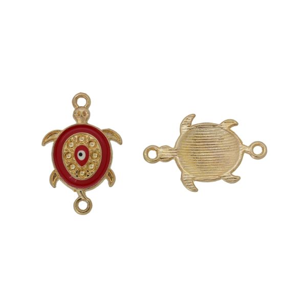 METAL BEADS WITH ENAMEL - CONNECTING ELEMENT WITH 2 RINGS - TURTLE 05 - 26x17x3mm GOLD-RED-WHITE - 3pcs. Hole-1.8mm