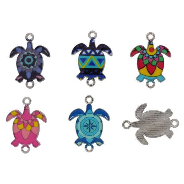 METAL BEADS WITH ENAMEL - CONNECTING ELEMENT WITH 2 RINGS - TURTLE MIX 02 - 24x18x2mm MIX - 3pcs. Hole-1.8mm