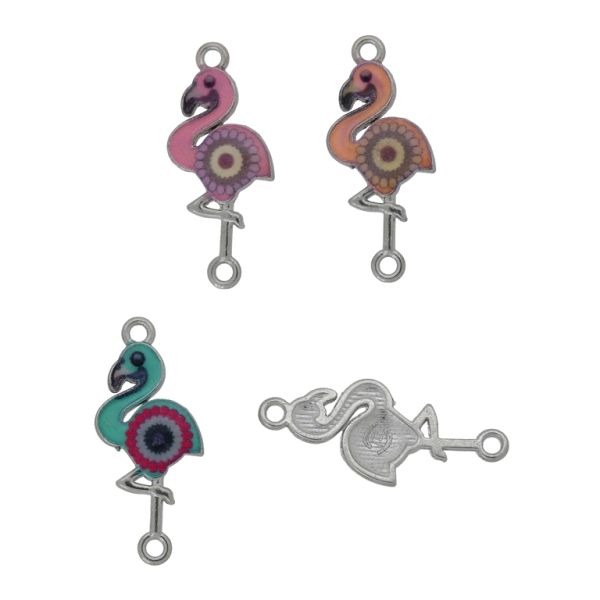 METAL BEADS WITH ENAMEL - CONNECTING ELEMENT WITH 2 RINGS - FLAMINGO 04 - 27x12x2mm NICKEL AND MIX - PACKAGE 4pcs. Hole-1.5mm