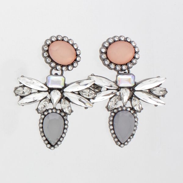 JEWELRY - EARRINGS - SCREW - CRYSTALS - BEE Е869 - 2.8x3.9cm NICKEL-PINK (LIGHT)-GRAY-WHITE - PACKAGE 6 pairs