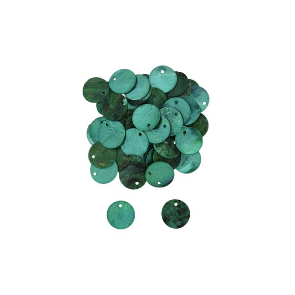 MOTHER OF PEARL BEADS - FLAKE 02 - CIRCLE 02 - 15x0.8mm TURQUOISE GREEN - PACKAGE 100g Hole-1.4mm (280pcs.)