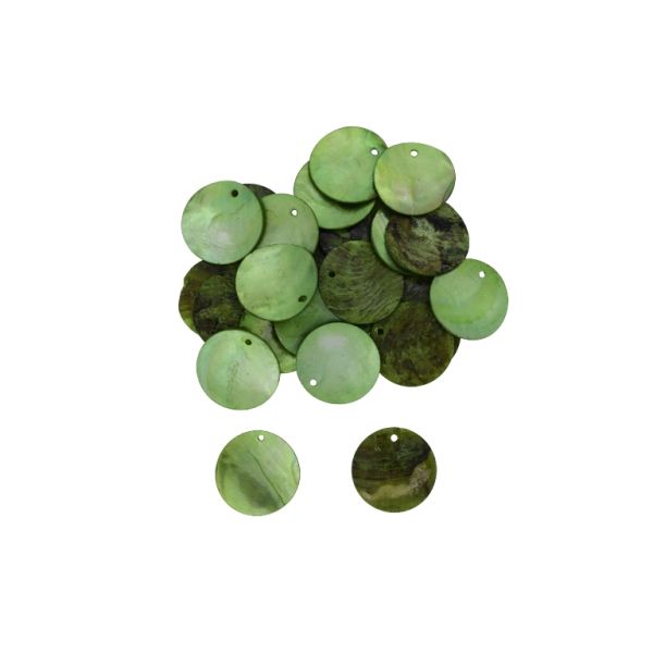 MOTHER OF PEARL BEADS - FLAKE 02 - CIRCLE 02 - 20x0.8mm GREEN - PACKAGE 100g Hole-1.4mm (140pcs.)
