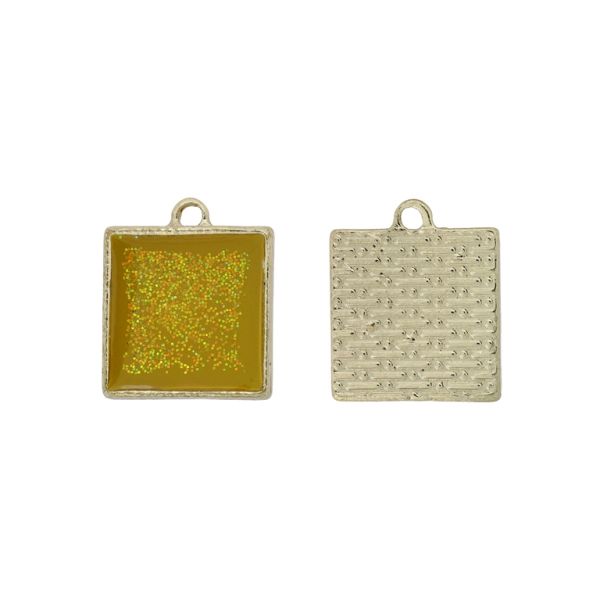 METAL BEADS WITH ENAMEL - PENDANT - SQUARE 01 GLITTER - 18x21x3mm GOLD-YELLOW (DARK) - 3pcs. Hole-1.8mm